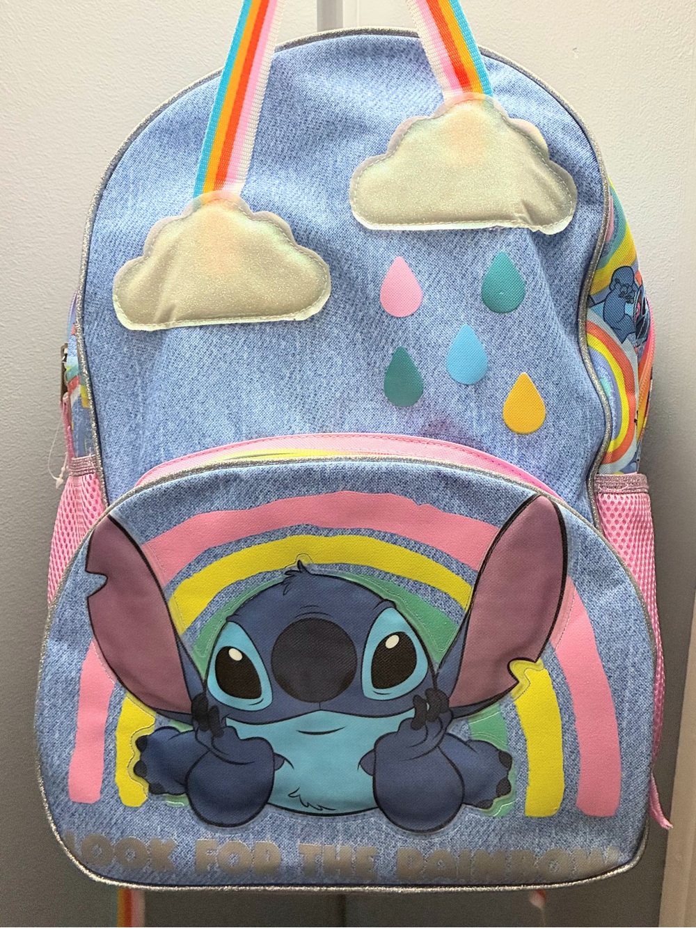 Disney Blue Denim Stitch Rainbow Kids 17 inches Backpack with Pink Accents